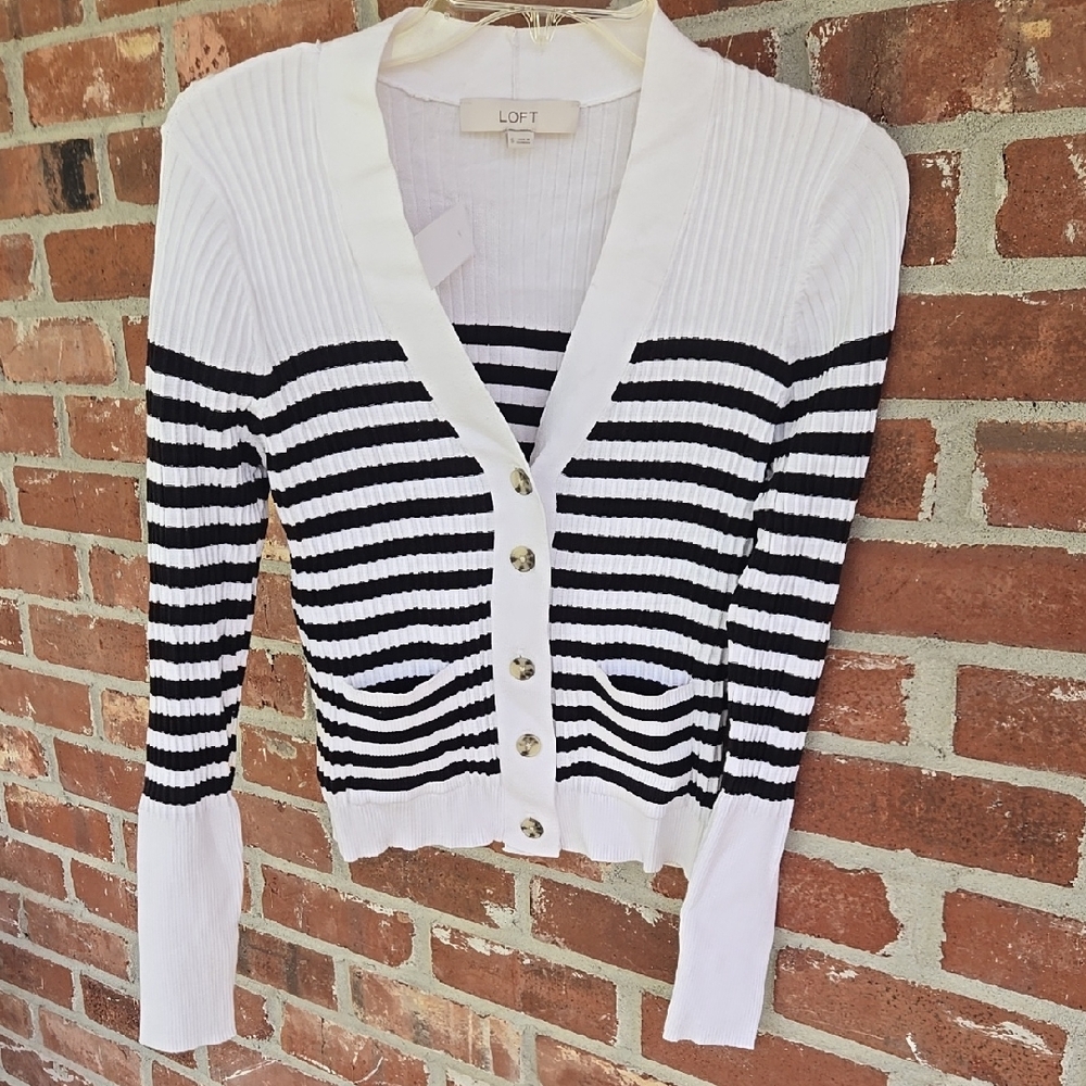 LOFT Black and White Pocket Cardigan Sweater with Stripes